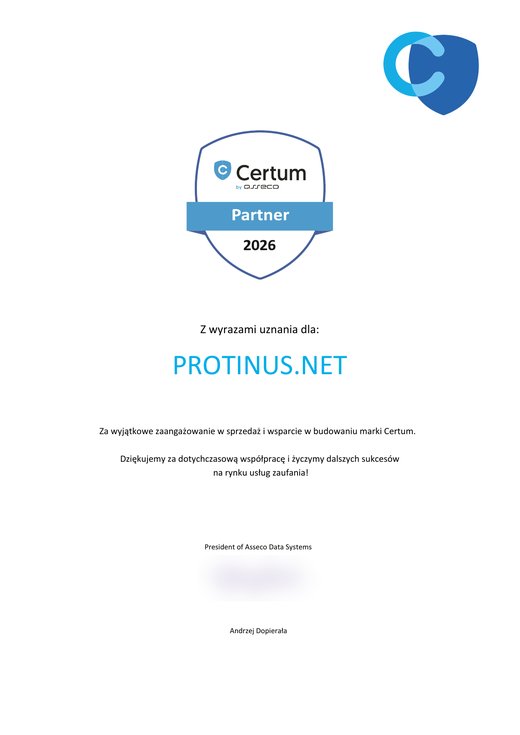 Dyplom Certum Partner 2026 dla PROTINUS.NET za wyjątkowe zaangażowanie w sprzedaż i wsparcie w budowaniu marki Certum