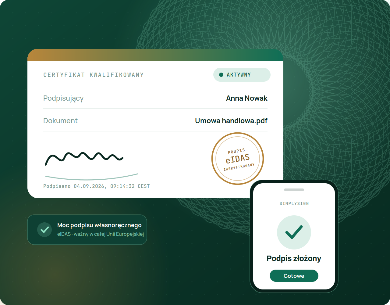 Certyfikat kwalifikowany z odręcznym podpisem i pieczęcią eIDAS oraz telefon z potwierdzeniem podpisu w aplikacji SimplySign